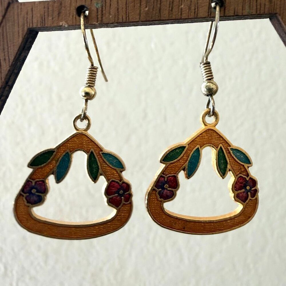 Vintage Cloisonné Enamel Floral Dangle Earrings
